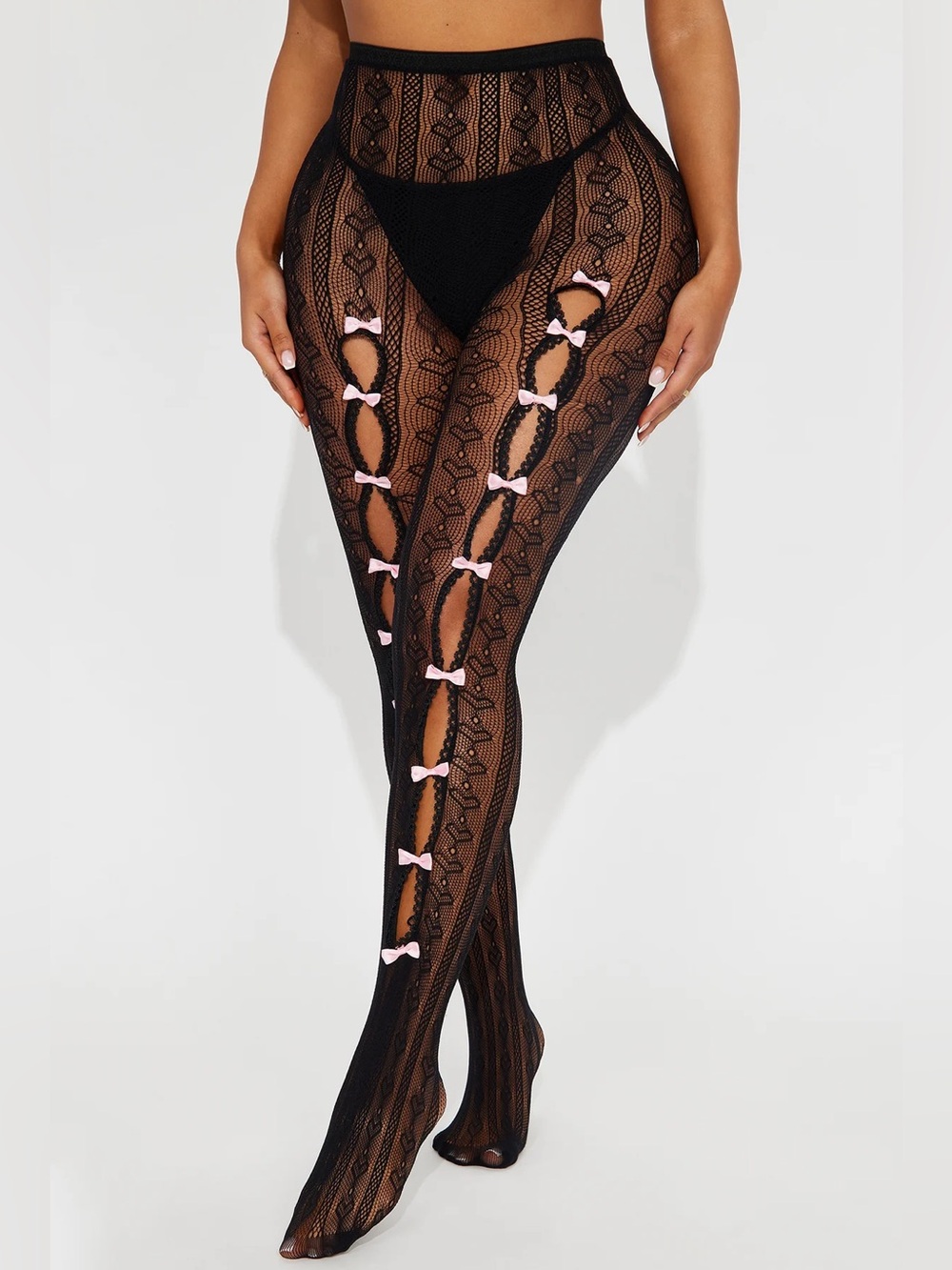 0022: Fashion Nova Black Lace Bow-Accent Fishnet Bodystocking with Pink Bows